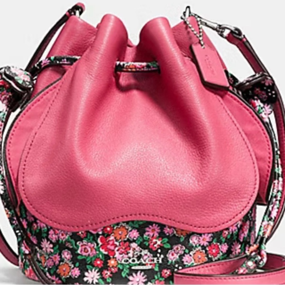 Coach NWOT Limited Edition Pink Floral Mix Drawstring Bucket Bag
